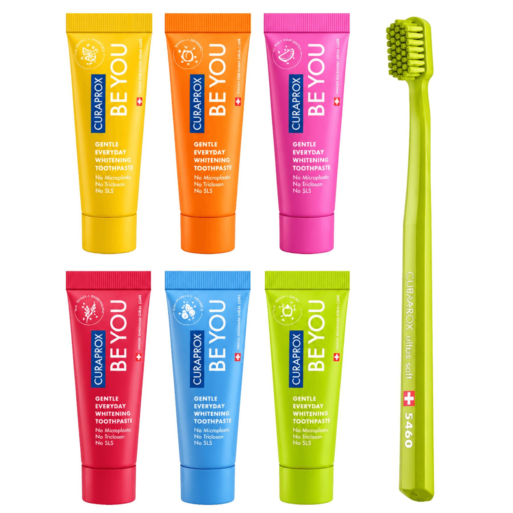 Набір освітлювальних міні-зубних паст та щітка CS 5460 Ultra Soft Curaprox Be You Six Taste Pack 7 в 1