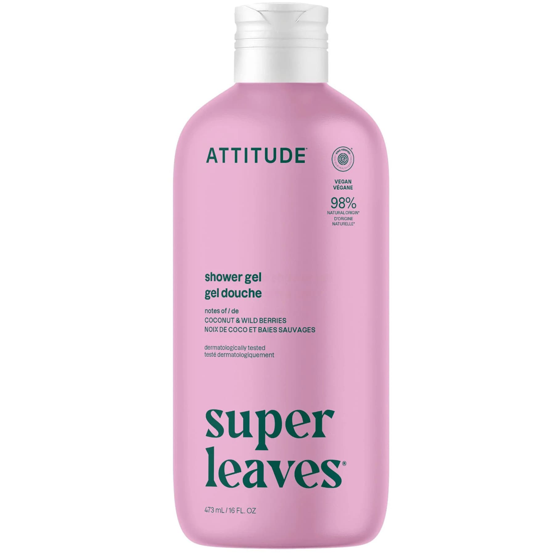 Гель для душу зволожувальний "Кокос та Лісові ягоди" Super leaves Attitude Body Wash Coconut & Wild Berries 473 мл